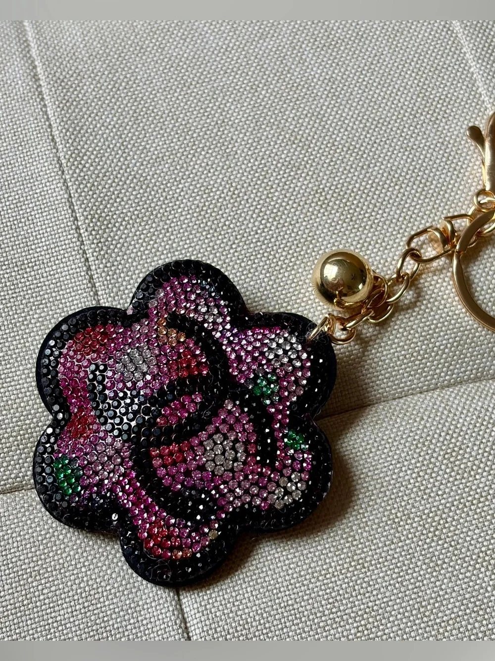 Pink & Black Crystal Camellia Keyring